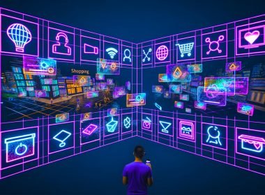Futuristische Werbelandschaft mit Yahoo Gemini Ads: Holografische Anzeigen schweben in urbaner und virtueller Umgebung, Menschen interagieren mit AR-Brillen und Smartphones; Infografik, technische Architektur, Security-Visualisierung und Metaverse-Szenen geben Einblicke in moderne Werbetechnologien.