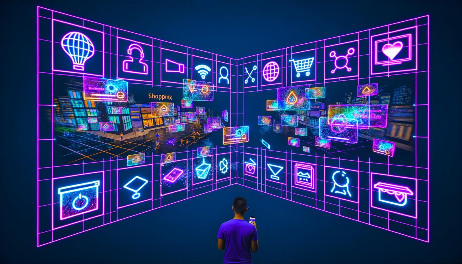 Futuristische Werbelandschaft mit Yahoo Gemini Ads: Holografische Anzeigen schweben in urbaner und virtueller Umgebung, Menschen interagieren mit AR-Brillen und Smartphones; Infografik, technische Architektur, Security-Visualisierung und Metaverse-Szenen geben Einblicke in moderne Werbetechnologien.