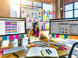 Smarte Bloggerin vor großen Monitoren mit Content-Plänen, bunten Kanban-Boards und SEO-Dashboards in modernem, hellen Loft-Büro mit Notizbuch, Tablet und Redaktionskalender.
