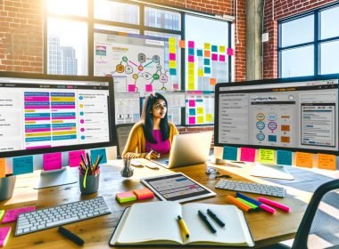 Smarte Bloggerin vor großen Monitoren mit Content-Plänen, bunten Kanban-Boards und SEO-Dashboards in modernem, hellen Loft-Büro mit Notizbuch, Tablet und Redaktionskalender.