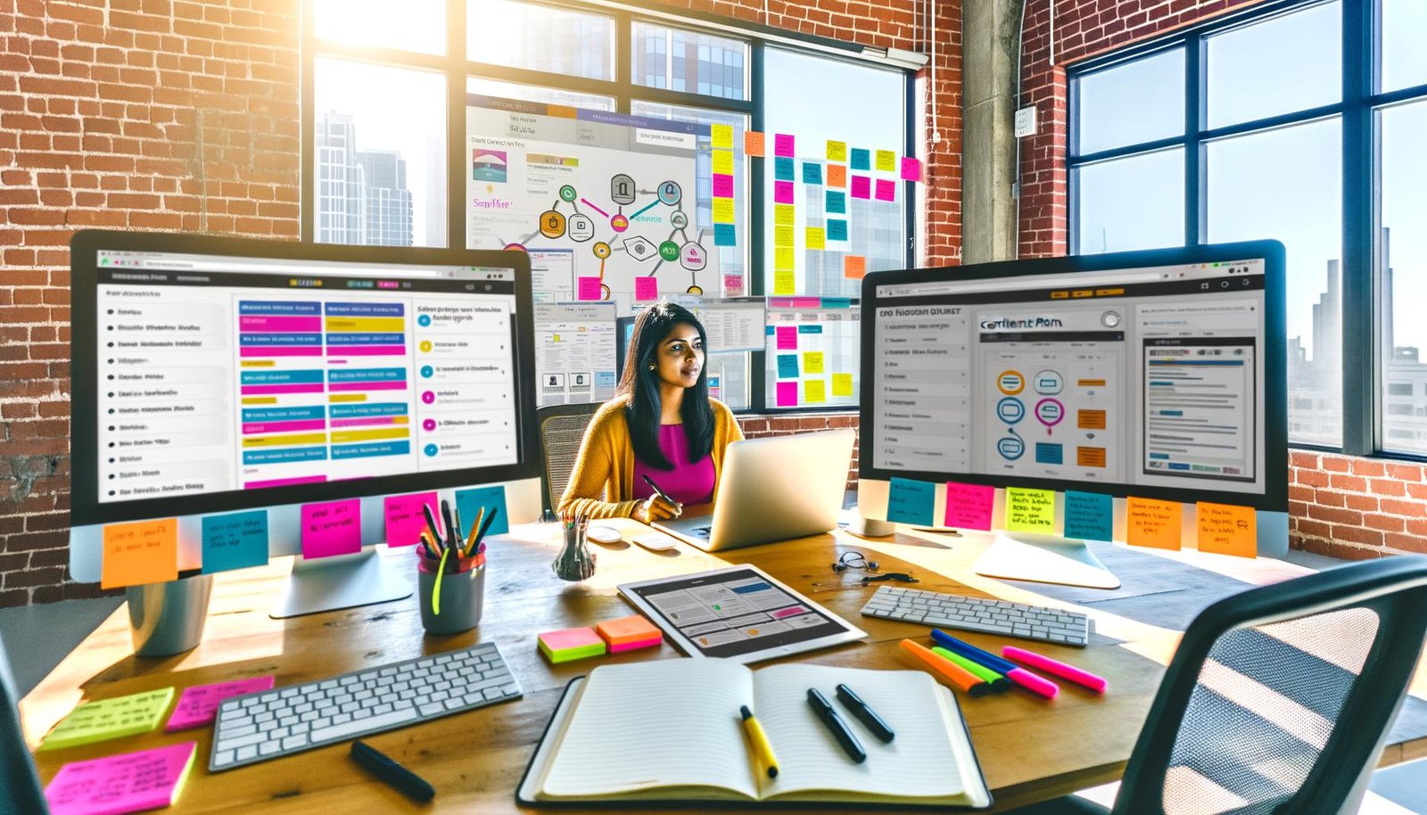 Smarte Bloggerin vor großen Monitoren mit Content-Plänen, bunten Kanban-Boards und SEO-Dashboards in modernem, hellen Loft-Büro mit Notizbuch, Tablet und Redaktionskalender.