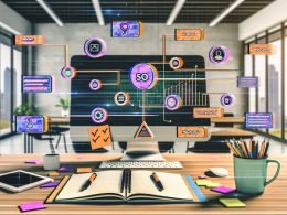 Ambitionierter Affiliate-Marketer arbeitet in urbaner Umgebung an einem Monitor mit digitalen Checklisten, Keyword-Clustern, Conversion-Trichtern und Performancediagrammen. Auf dem Schreibtisch liegen Notizbücher, bunte Post-its, Kaffeetasse und Smartphone mit Analytics-Dashboard. Im Hintergrund minimalistische Icons zu SEO und Technik.