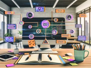 Ambitionierter Affiliate-Marketer arbeitet in urbaner Umgebung an einem Monitor mit digitalen Checklisten, Keyword-Clustern, Conversion-Trichtern und Performancediagrammen. Auf dem Schreibtisch liegen Notizbücher, bunte Post-its, Kaffeetasse und Smartphone mit Analytics-Dashboard. Im Hintergrund minimalistische Icons zu SEO und Technik.
