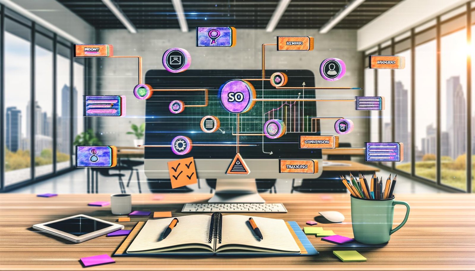 Ambitionierter Affiliate-Marketer arbeitet in urbaner Umgebung an einem Monitor mit digitalen Checklisten, Keyword-Clustern, Conversion-Trichtern und Performancediagrammen. Auf dem Schreibtisch liegen Notizbücher, bunte Post-its, Kaffeetasse und Smartphone mit Analytics-Dashboard. Im Hintergrund minimalistische Icons zu SEO und Technik.