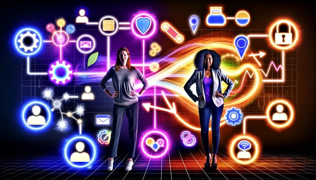 Dynamische Collage mit Marketer und Dashboard, umgeben von Icons für Tracking-Tools, Cookies, Pixeln, Consent-Banner und Datenvisualisierungen, die digitale Marketing-Tracking-Strategien darstellen.