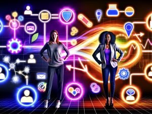 Dynamische Collage mit Marketer und Dashboard, umgeben von Icons für Tracking-Tools, Cookies, Pixeln, Consent-Banner und Datenvisualisierungen, die digitale Marketing-Tracking-Strategien darstellen.