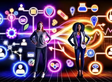 Dynamische Collage mit Marketer und Dashboard, umgeben von Icons für Tracking-Tools, Cookies, Pixeln, Consent-Banner und Datenvisualisierungen, die digitale Marketing-Tracking-Strategien darstellen.