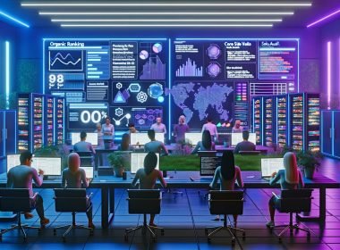 Futuristisches Büro voller SEO-Experten vor großen Monitoren mit Datenanalysen, Serverracks, Whiteboards mit Strategien, Neonbeleuchtung und High-End-Innovation.