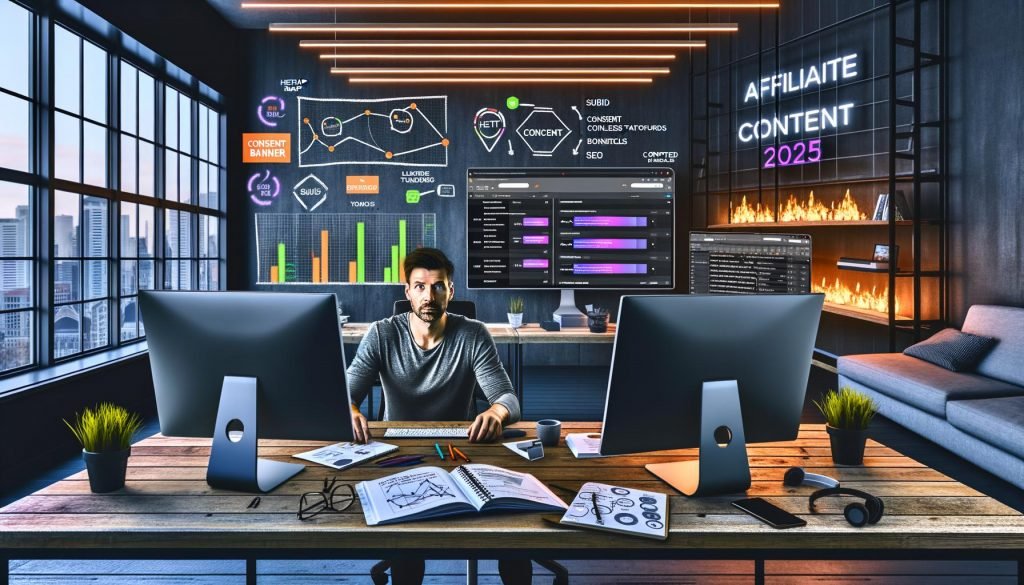 Profi-Marketer in digitalem Loft-Büro mit Monitoren voller Heatmaps, Conversion-Graphen, Consent-Banner, SEO-Daten und komplexem Affiliate-Tracking. Notizbuch mit Funnel-Skizzen, Smartphone, LED-Lichtleisten und Whiteboard sichtbar.