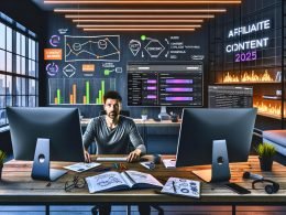 Profi-Marketer in digitalem Loft-Büro mit Monitoren voller Heatmaps, Conversion-Graphen, Consent-Banner, SEO-Daten und komplexem Affiliate-Tracking. Notizbuch mit Funnel-Skizzen, Smartphone, LED-Lichtleisten und Whiteboard sichtbar.