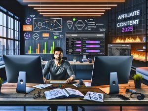 Profi-Marketer in digitalem Loft-Büro mit Monitoren voller Heatmaps, Conversion-Graphen, Consent-Banner, SEO-Daten und komplexem Affiliate-Tracking. Notizbuch mit Funnel-Skizzen, Smartphone, LED-Lichtleisten und Whiteboard sichtbar.