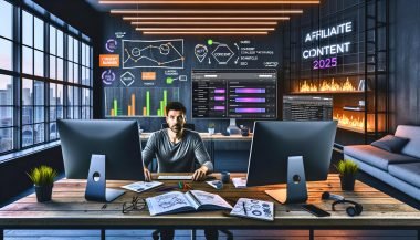 Profi-Marketer in digitalem Loft-Büro mit Monitoren voller Heatmaps, Conversion-Graphen, Consent-Banner, SEO-Daten und komplexem Affiliate-Tracking. Notizbuch mit Funnel-Skizzen, Smartphone, LED-Lichtleisten und Whiteboard sichtbar.