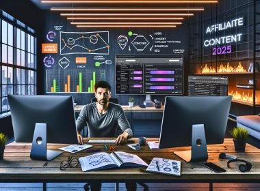 Profi-Marketer in digitalem Loft-Büro mit Monitoren voller Heatmaps, Conversion-Graphen, Consent-Banner, SEO-Daten und komplexem Affiliate-Tracking. Notizbuch mit Funnel-Skizzen, Smartphone, LED-Lichtleisten und Whiteboard sichtbar.
