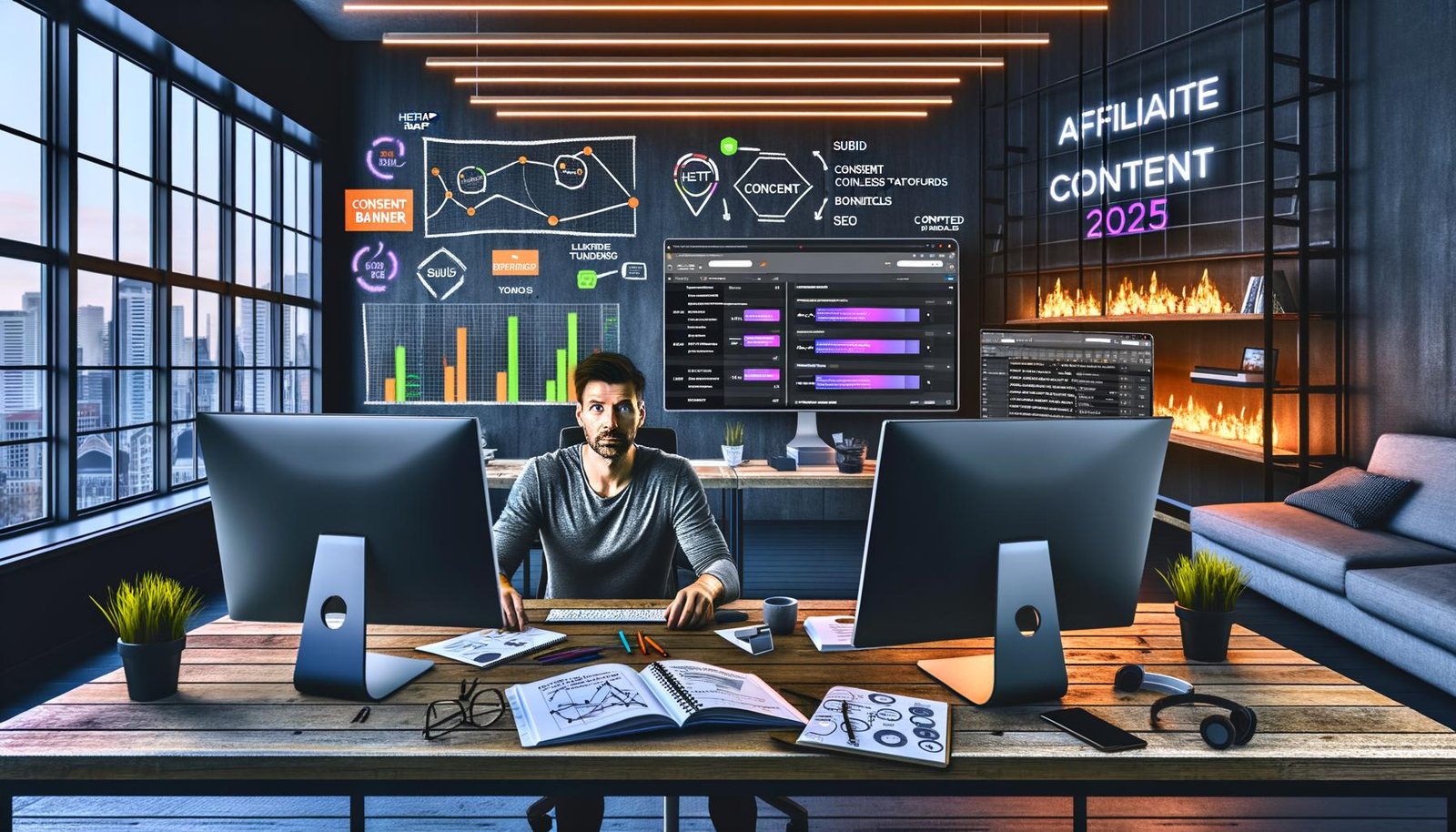 Profi-Marketer in digitalem Loft-Büro mit Monitoren voller Heatmaps, Conversion-Graphen, Consent-Banner, SEO-Daten und komplexem Affiliate-Tracking. Notizbuch mit Funnel-Skizzen, Smartphone, LED-Lichtleisten und Whiteboard sichtbar.