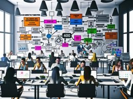 Digitale Arbeitsumgebung mit diversen Fachleuten, die am Blog Marketing Framework zusammenarbeiten, umgeben von Touchscreens, Notizen und Analytics. Das Framework zeigt die zentralen Schritte wie Strategie und Content Mapping.