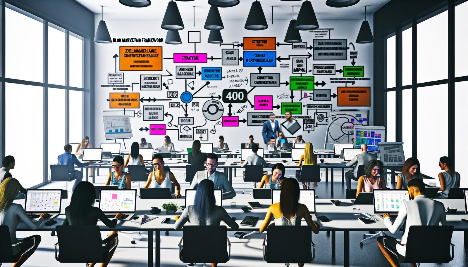 Digitale Arbeitsumgebung mit diversen Fachleuten, die am Blog Marketing Framework zusammenarbeiten, umgeben von Touchscreens, Notizen und Analytics. Das Framework zeigt die zentralen Schritte wie Strategie und Content Mapping.