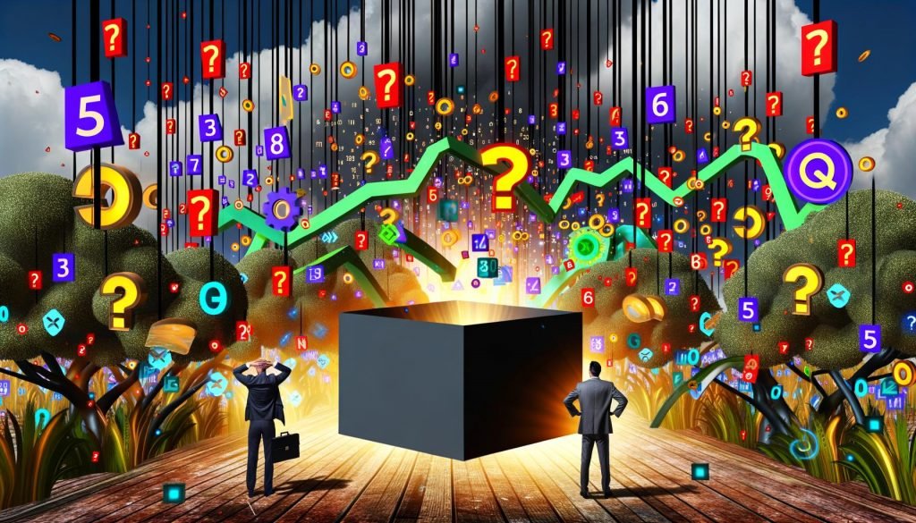 Marketer versuchen in einer chaotischen digitalen Dschungellandschaft, Daten aus einer Blackbox zu ziehen, umgeben von leuchtenden Zahlen, KPI-Icons und Datenströmen.