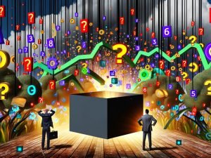 Marketer versuchen in einer chaotischen digitalen Dschungellandschaft, Daten aus einer Blackbox zu ziehen, umgeben von leuchtenden Zahlen, KPI-Icons und Datenströmen.