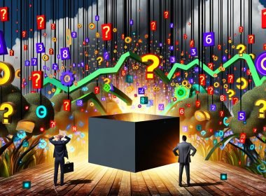 Marketer versuchen in einer chaotischen digitalen Dschungellandschaft, Daten aus einer Blackbox zu ziehen, umgeben von leuchtenden Zahlen, KPI-Icons und Datenströmen.