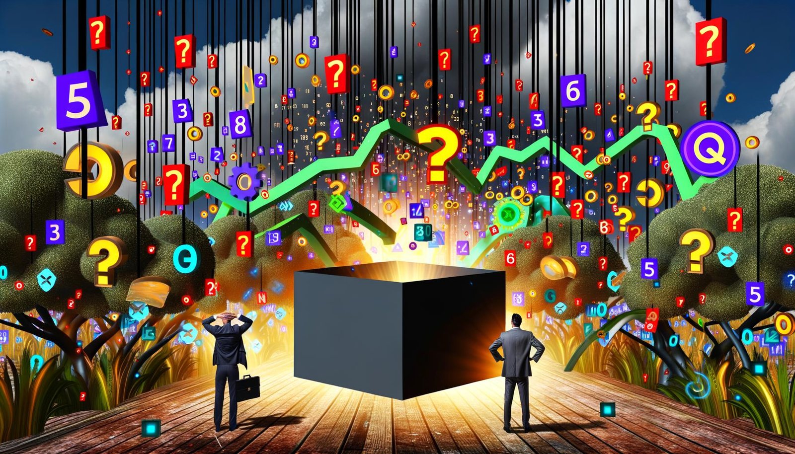 Marketer versuchen in einer chaotischen digitalen Dschungellandschaft, Daten aus einer Blackbox zu ziehen, umgeben von leuchtenden Zahlen, KPI-Icons und Datenströmen.