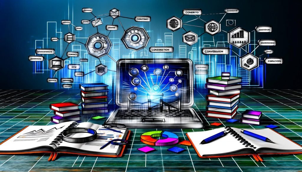 Moderne Illustration eines aufgeschlagenen Laptops mit Diagrammen zu Content-Architektur, SEO, Conversion und Themenclustern, umgeben von Notizbüchern, Post-its und digitalen Analysegrafiken auf einem Schreibtisch. Im Hintergrund eine Skyline als Metapher für Reichweite.