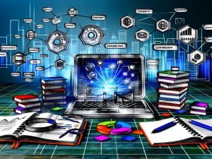 Moderne Illustration eines aufgeschlagenen Laptops mit Diagrammen zu Content-Architektur, SEO, Conversion und Themenclustern, umgeben von Notizbüchern, Post-its und digitalen Analysegrafiken auf einem Schreibtisch. Im Hintergrund eine Skyline als Metapher für Reichweite.