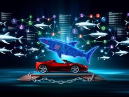 Illustration eines digitalen Haifischbeckens mit Haien aus Pixeln, die unter einer schimmernden Website auf einer Surfbrett-Plattform schwimmen, umgeben von Datenströmen, Diagrammen und Social Media Symbolen als Metapher für Off Page SEO.