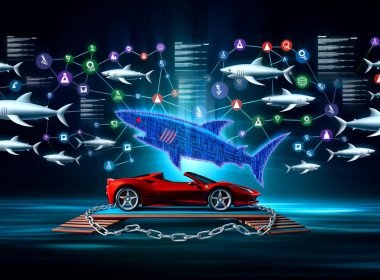 Illustration eines digitalen Haifischbeckens mit Haien aus Pixeln, die unter einer schimmernden Website auf einer Surfbrett-Plattform schwimmen, umgeben von Datenströmen, Diagrammen und Social Media Symbolen als Metapher für Off Page SEO.