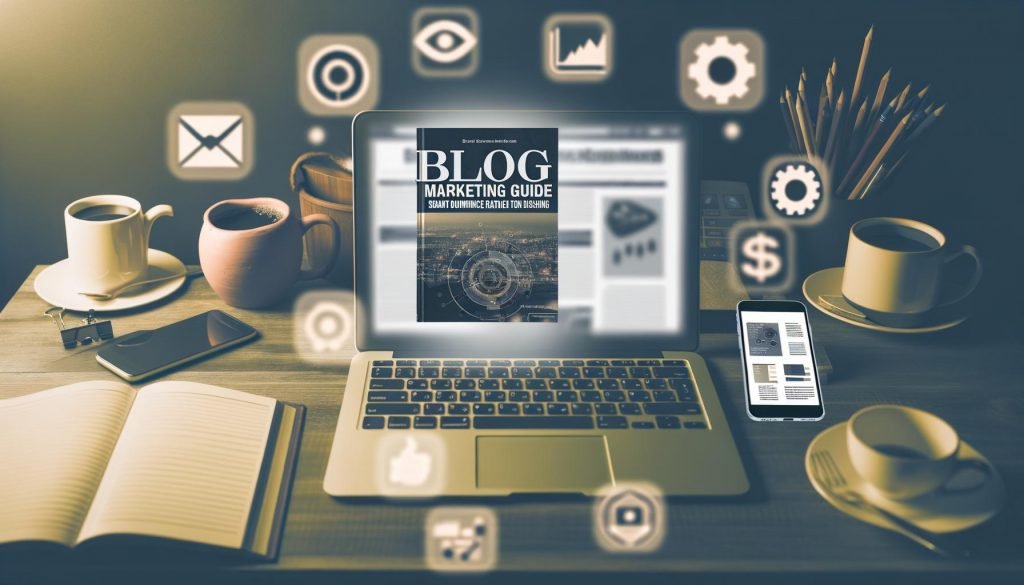 Laptop auf unaufgeräumtem Schreibtisch mit Kaffeetassen, Notizbüchern, Smartphone mit Analyse-Apps und verschwommenen SEO-Tool-Icons im Hintergrund, Blogtitel leuchtet darüber.