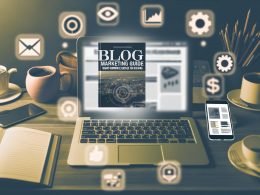 Laptop auf unaufgeräumtem Schreibtisch mit Kaffeetassen, Notizbüchern, Smartphone mit Analyse-Apps und verschwommenen SEO-Tool-Icons im Hintergrund, Blogtitel leuchtet darüber.