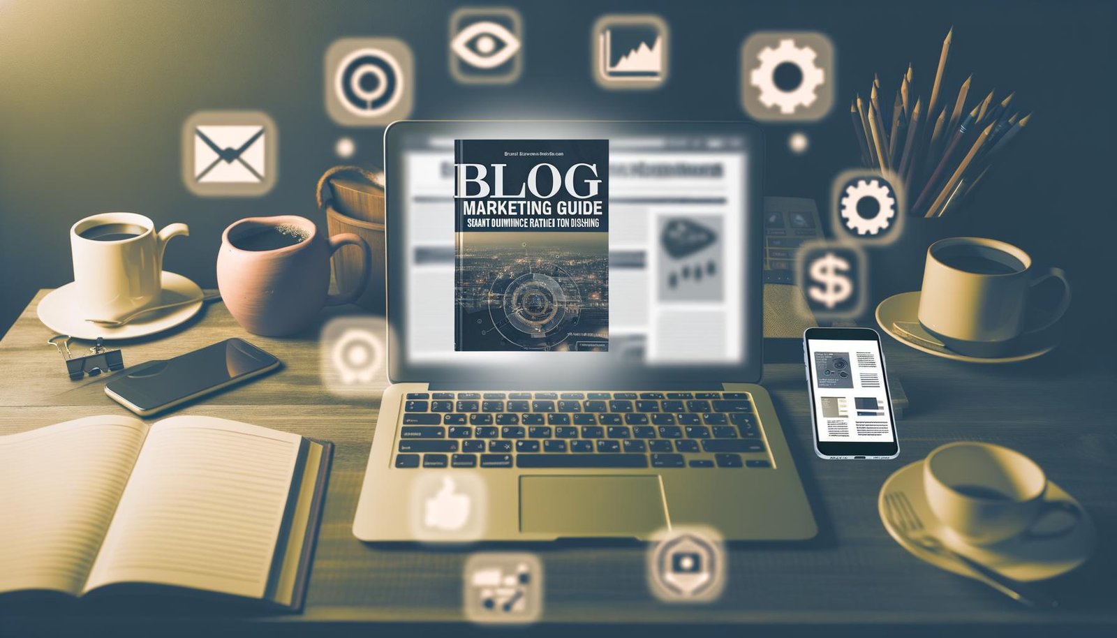 Laptop auf unaufgeräumtem Schreibtisch mit Kaffeetassen, Notizbüchern, Smartphone mit Analyse-Apps und verschwommenen SEO-Tool-Icons im Hintergrund, Blogtitel leuchtet darüber.