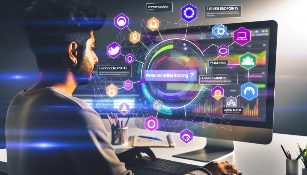 Nahaufnahme eines digitalen Marketers am Schreibtisch mit schwebenden Icons für Browser-Cookies, Server-Endpunkte, Analyse-Dashboards, Consent-Banner und Pixel-Tags vor einem Bildschirm mit Analysediagrammen.