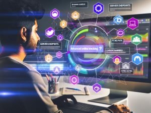 Nahaufnahme eines digitalen Marketers am Schreibtisch mit schwebenden Icons für Browser-Cookies, Server-Endpunkte, Analyse-Dashboards, Consent-Banner und Pixel-Tags vor einem Bildschirm mit Analysediagrammen.