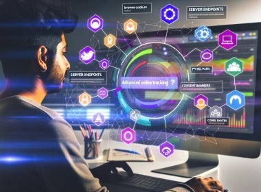Nahaufnahme eines digitalen Marketers am Schreibtisch mit schwebenden Icons für Browser-Cookies, Server-Endpunkte, Analyse-Dashboards, Consent-Banner und Pixel-Tags vor einem Bildschirm mit Analysediagrammen.