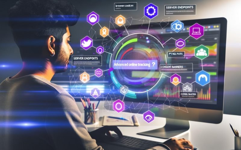 Nahaufnahme eines digitalen Marketers am Schreibtisch mit schwebenden Icons für Browser-Cookies, Server-Endpunkte, Analyse-Dashboards, Consent-Banner und Pixel-Tags vor einem Bildschirm mit Analysediagrammen.