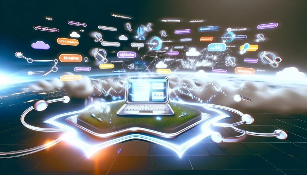 Futuristische Szene mit stylisiertem Laptop auf modernem Schreibtisch, leuchtenden Datenströmen, API-Verbindungen, Code-Snippets und Icons von SEO-Tools. Im Hintergrund unscharfe Charts, Monetarisierungszahlen und auflösende alte Affiliate-Elemente.