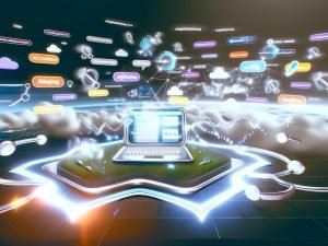 Futuristische Szene mit stylisiertem Laptop auf modernem Schreibtisch, leuchtenden Datenströmen, API-Verbindungen, Code-Snippets und Icons von SEO-Tools. Im Hintergrund unscharfe Charts, Monetarisierungszahlen und auflösende alte Affiliate-Elemente.