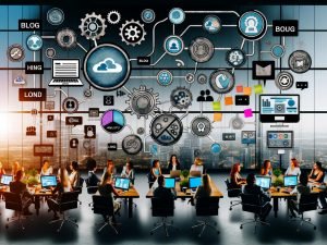 Stylisches, modernes Großraumbüro mit kreativen Teams, die gemeinsam an Laptops Marketing-Dashboards prüfen. Vernetzte Analysetools, Blogartikel, Social-Media-Icons und Automatisierungs-Symbole illustrieren digitale Transformation und Teamarbeit.