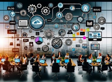 Stylisches, modernes Großraumbüro mit kreativen Teams, die gemeinsam an Laptops Marketing-Dashboards prüfen. Vernetzte Analysetools, Blogartikel, Social-Media-Icons und Automatisierungs-Symbole illustrieren digitale Transformation und Teamarbeit.