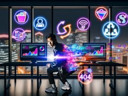 Marketer in Streetwear vor leuchtenden Analytics-Monitoren in einem modernen, dunklen Büro mit Glaswänden bei Nacht und Symbolen für Customer Journey, Machine Learning und Consent-Management.