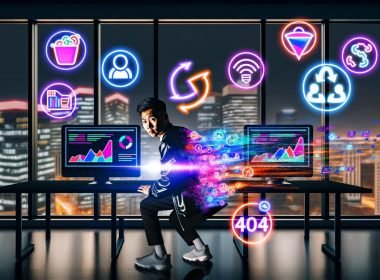 Marketer in Streetwear vor leuchtenden Analytics-Monitoren in einem modernen, dunklen Büro mit Glaswänden bei Nacht und Symbolen für Customer Journey, Machine Learning und Consent-Management.