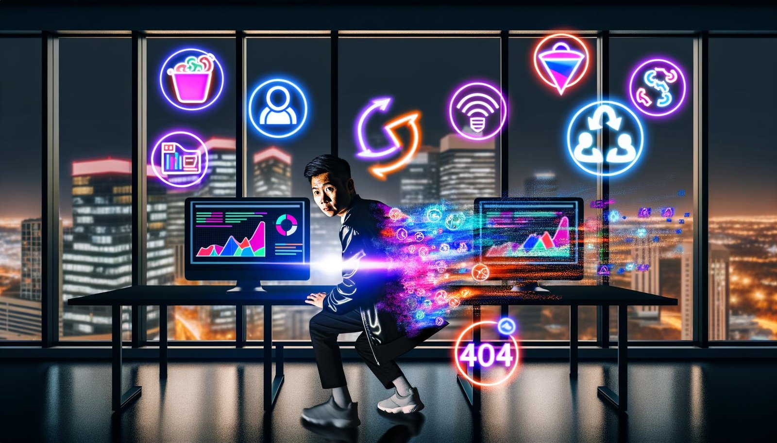 Marketer in Streetwear vor leuchtenden Analytics-Monitoren in einem modernen, dunklen Büro mit Glaswänden bei Nacht und Symbolen für Customer Journey, Machine Learning und Consent-Management.