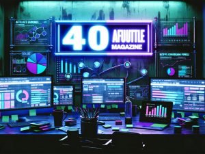Futuristischer Redaktionsarbeitsplatz mit digitalen Dashboards, 404 Magazine Logo in Neon, mehreren Bildschirmen voller Affiliate-Daten sowie Notizen und Hightech-Gadgets zwischen Kaffeebechern und Strategieunterlagen.