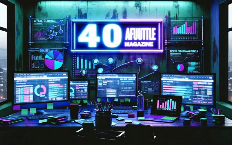 Futuristischer Redaktionsarbeitsplatz mit digitalen Dashboards, 404 Magazine Logo in Neon, mehreren Bildschirmen voller Affiliate-Daten sowie Notizen und Hightech-Gadgets zwischen Kaffeebechern und Strategieunterlagen.
