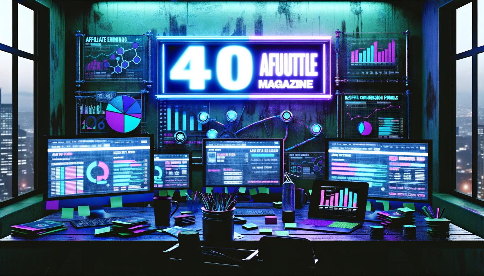 Futuristischer Redaktionsarbeitsplatz mit digitalen Dashboards, 404 Magazine Logo in Neon, mehreren Bildschirmen voller Affiliate-Daten sowie Notizen und Hightech-Gadgets zwischen Kaffeebechern und Strategieunterlagen.