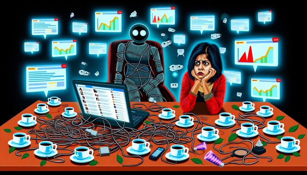 Frustrierter Blogger sitzt an chaotischem Schreibtisch mit leuchtendem Laptop, leeren Kaffeetassen und flachen Besucherstatistiken. Im Hintergrund unsichtbare Bots und Suchmaschinen-Logos.