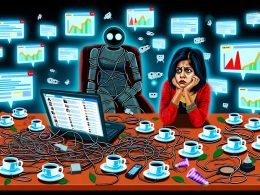 Frustrierter Blogger sitzt an chaotischem Schreibtisch mit leuchtendem Laptop, leeren Kaffeetassen und flachen Besucherstatistiken. Im Hintergrund unsichtbare Bots und Suchmaschinen-Logos.
