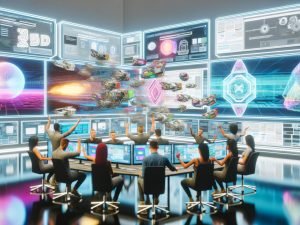 Futuristischer Arbeitsplatz mit mehreren Bildschirmen, Team diskutiert vor Hologrammen und modernen AR/VR-Interfaces in innovativer Online-Marketing-Umgebung.