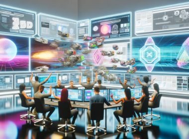 Futuristischer Arbeitsplatz mit mehreren Bildschirmen, Team diskutiert vor Hologrammen und modernen AR/VR-Interfaces in innovativer Online-Marketing-Umgebung.