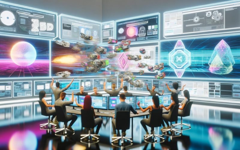 Futuristischer Arbeitsplatz mit mehreren Bildschirmen, Team diskutiert vor Hologrammen und modernen AR/VR-Interfaces in innovativer Online-Marketing-Umgebung.